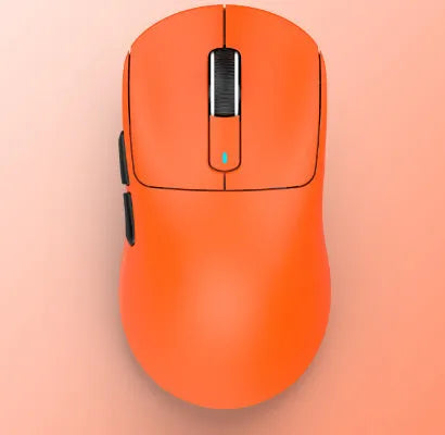 Black three-mode rechargeable Bluetooth mouse with USB receiver and parachute cord on a desk.