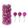 Assorted shiny red, gold, silver, and blue 3 cm Christmas baubles in a box and a storage barrel.
