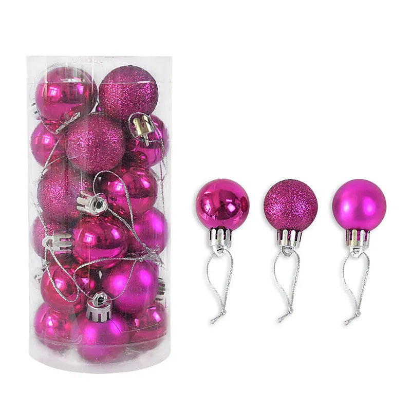 Assorted shiny red, gold, silver, and blue 3 cm Christmas baubles in a box and a storage barrel.