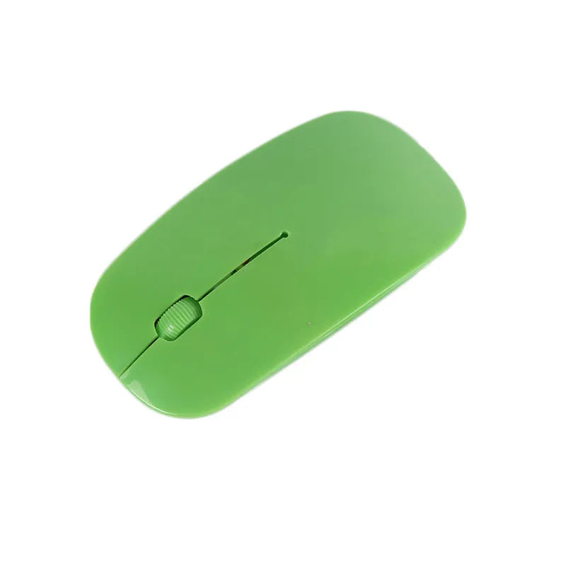 Wireless computer mouse in one of six colours: black, blue, green, pink, red, or white, with USB receiver