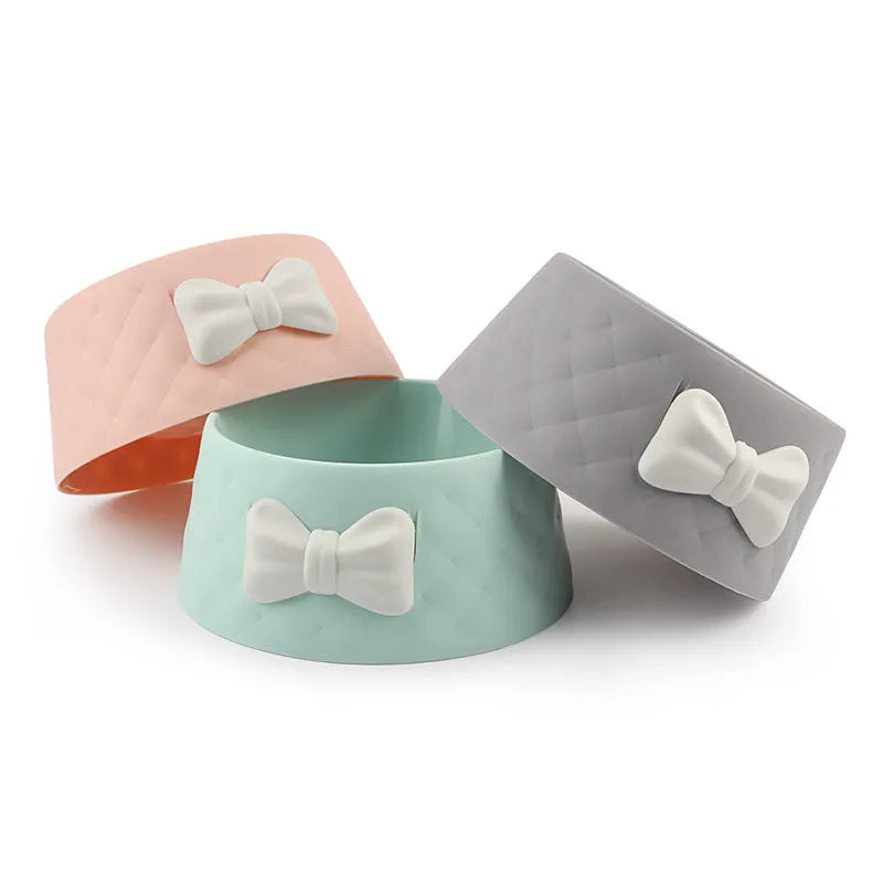 PP plastic pet bowl with bow and animal face design in pink, green, or grey colour options