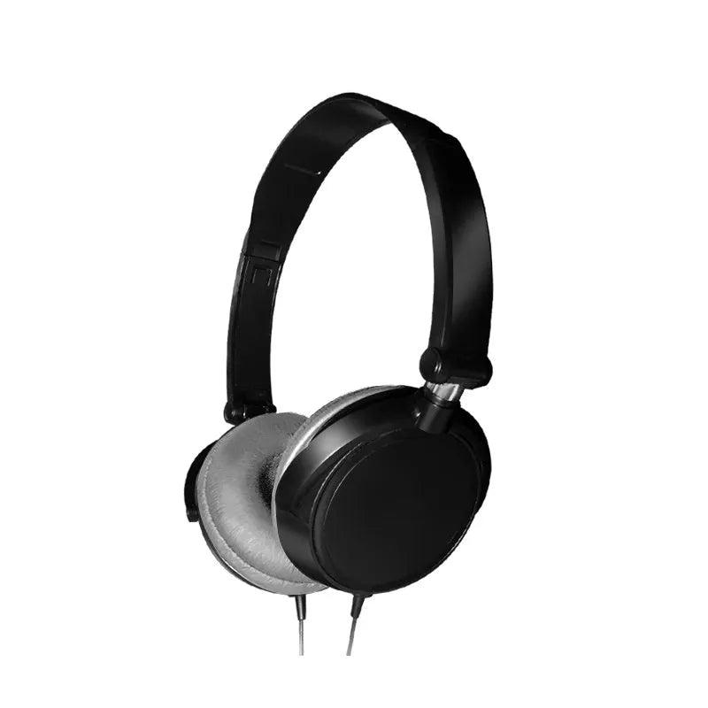 Black folding over-ear wired headphones with adjustable headband and 3.5mm plug