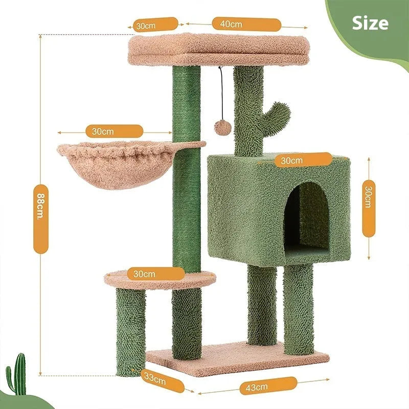 Cactus green wooden cat climbing frame with integrated shelf jumping platform measuring 43x33x87cm