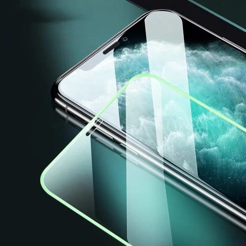 Luminous tempered glass screen protector for iPhone with glowing edges in dark setting