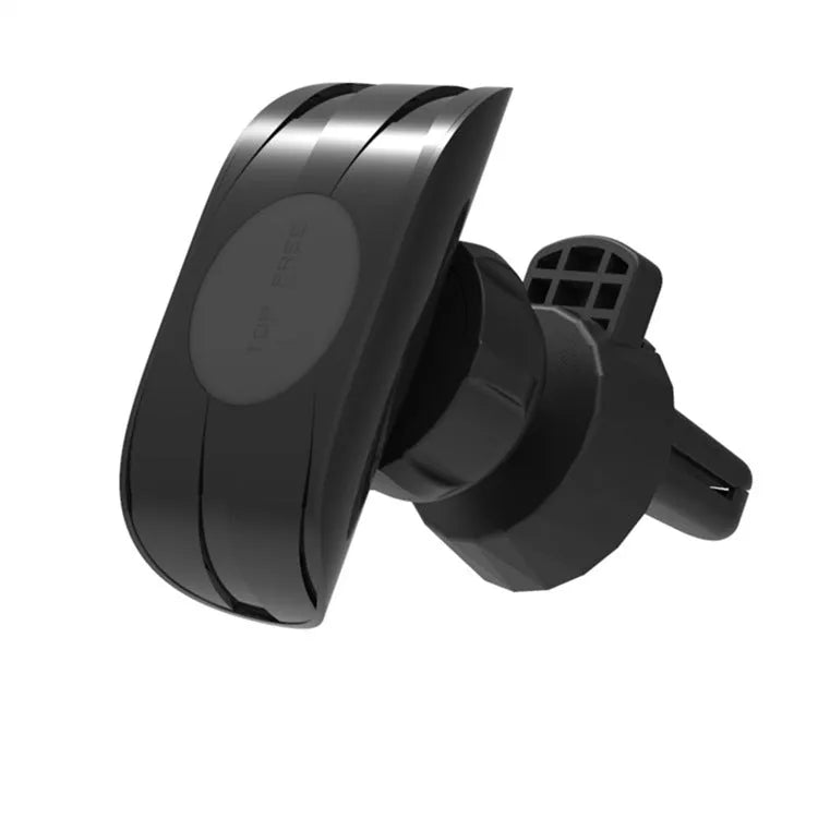 Matte black car phone holder mounted on air outlet with adjustable clamp and 360-degree rotation