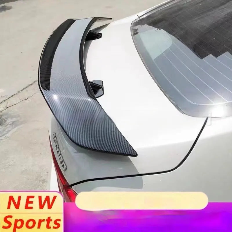 Universal punch-free fixed air design car spoiler tail wing in ABS plastic shown in various finish options.