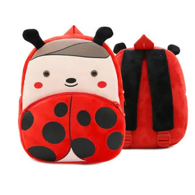 Children's plush animal backpack measuring 26x24x10cm with zipper opening and interior pocket