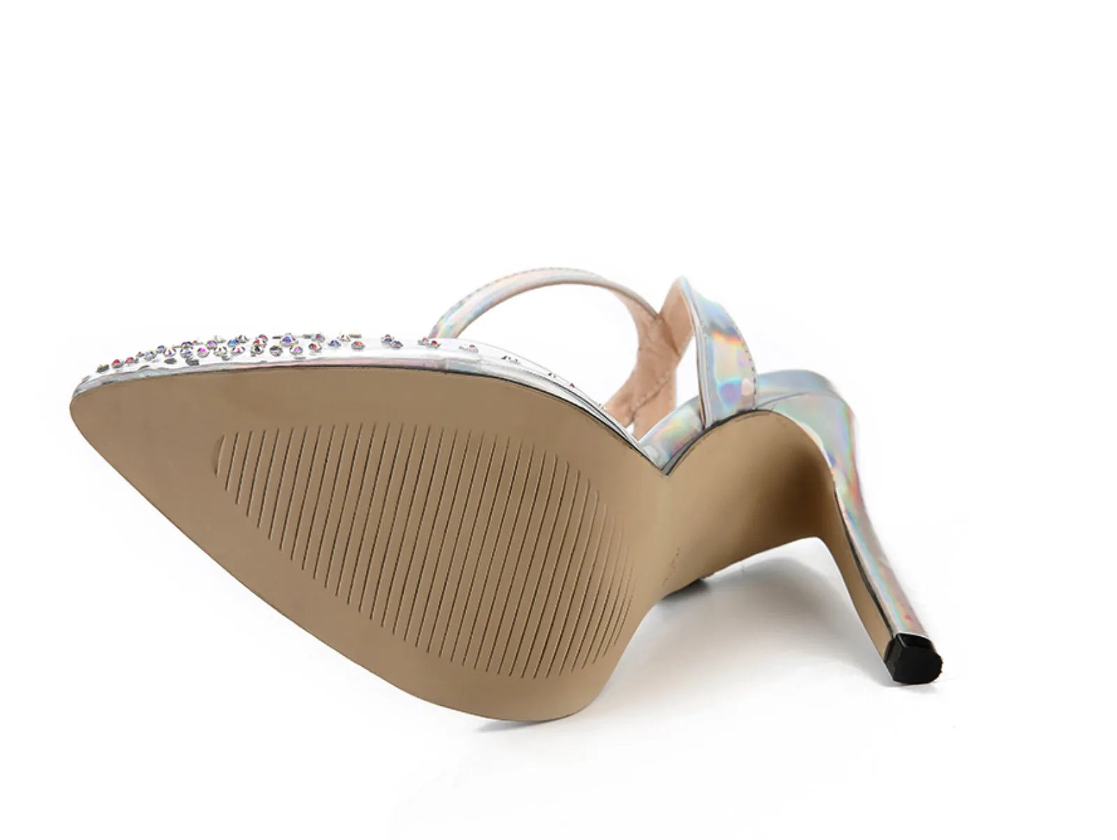 Women's pointed-toe PVC sandals with a stiletto heel on a plain background.