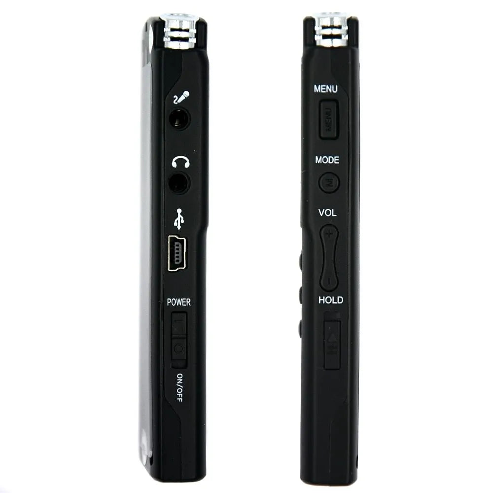 Compact USB digital voice recorder with external microphone on a desk.