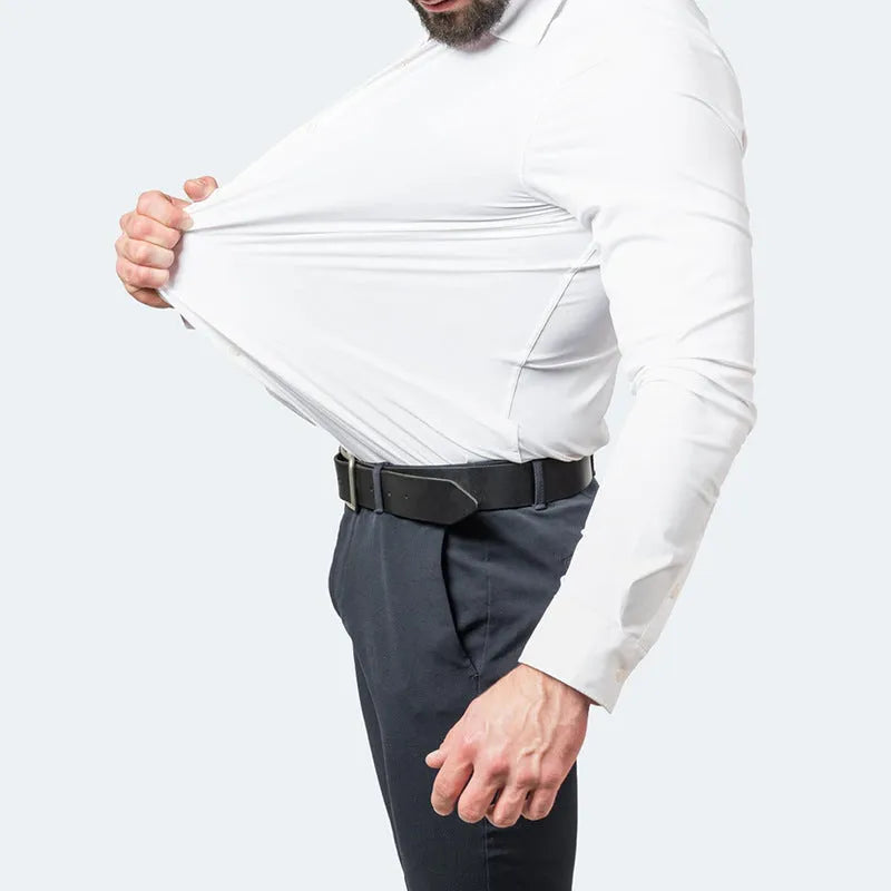 Korean slim-fit solid colour men's shirt, long sleeve, non-iron polyester blend, available in multiple colours