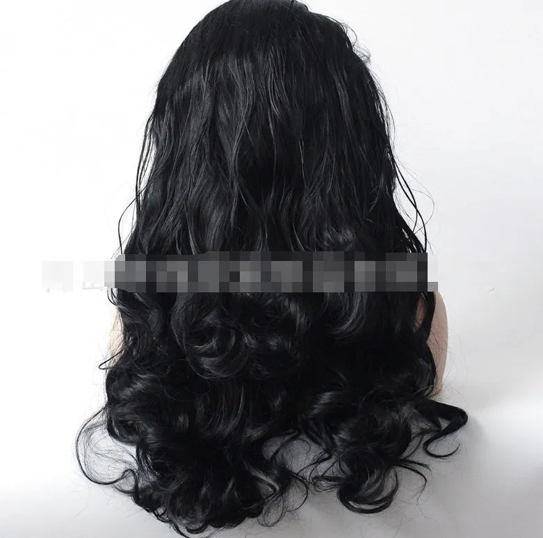 Black big wave wig with front lace head cover on mannequin head