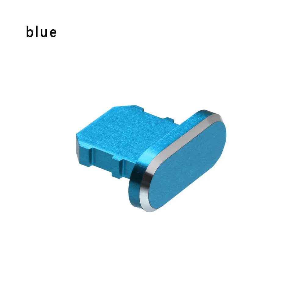Aluminium alloy charging port dust plug for iPhone in various metallic colours including gold and rose gold.