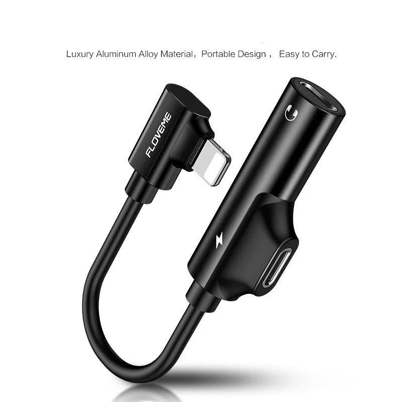 Black Lightning to 3.5mm audio adapter with charging port for iPhone headphones and power