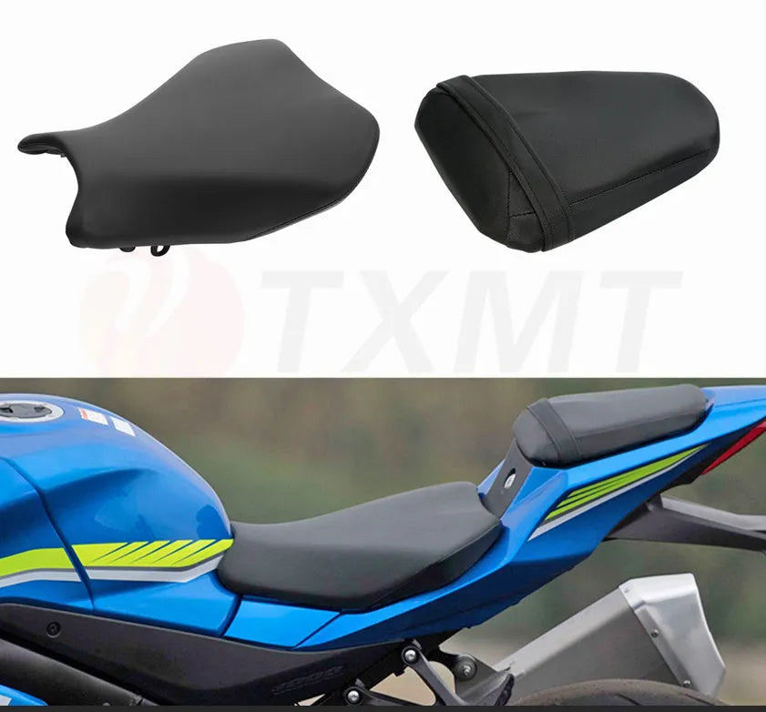 Suzuki GSXR1000 motorcycle with black PU leather seat cover fitted on the front and rear seat.