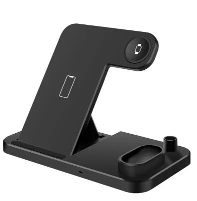 Black 4-in-1 wireless charging dock showing phone on adjustable stand, Apple Watch, AirPods, and Apple Pencil charging simultaneously.