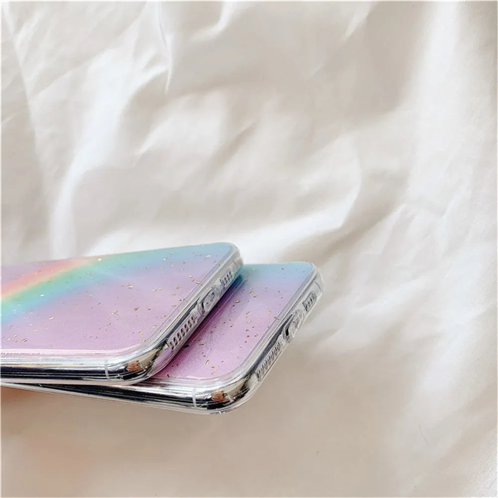 A gradient rainbow coloured TPU protective iPhone case with a striped design on a white background.