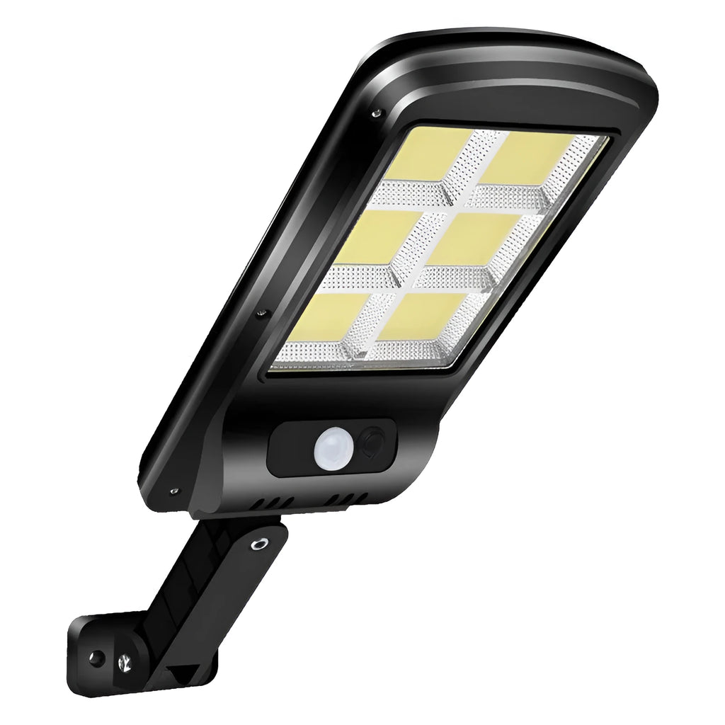 Black outdoor solar motion sensor light with solar panel and IP65 weatherproof rating