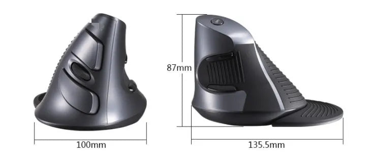 Black M618 wireless vertical ergonomic mouse on a desk next to a laptop, showing its contoured shape and scroll wheel.