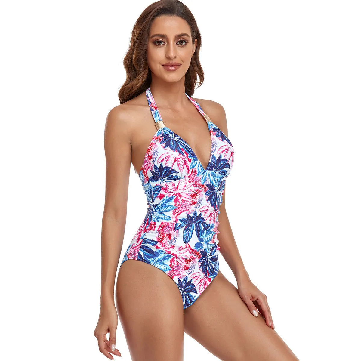 Backless women's one-piece swimsuit available in leopard print and multiple colour options