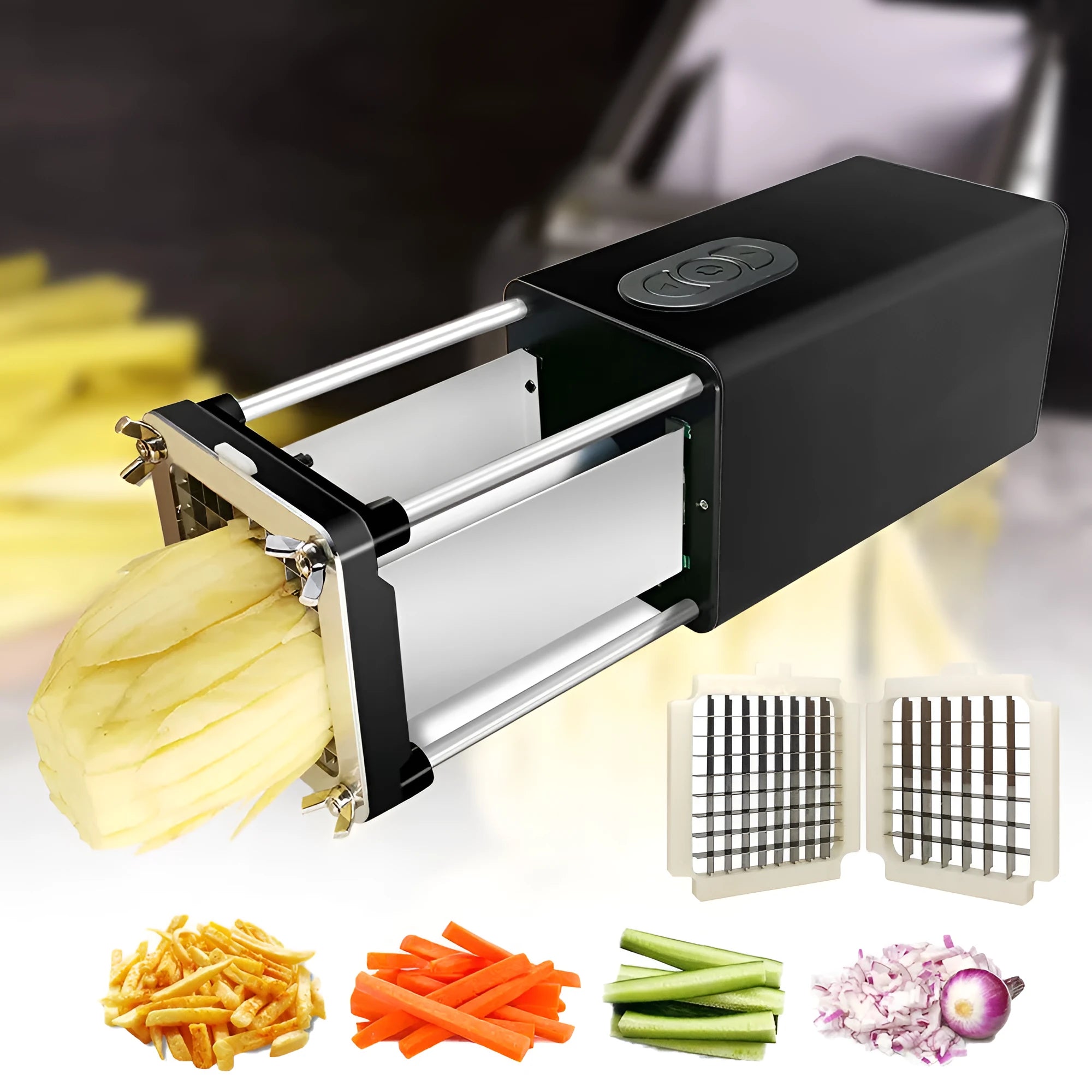 Black electric French fry cutter machine with stainless steel blades on a countertop.