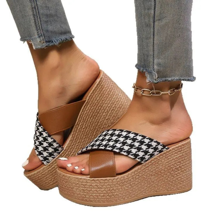 Women's Cross Leopard plaid wedge sandals with rubber sticky soles in brown and black colour options
