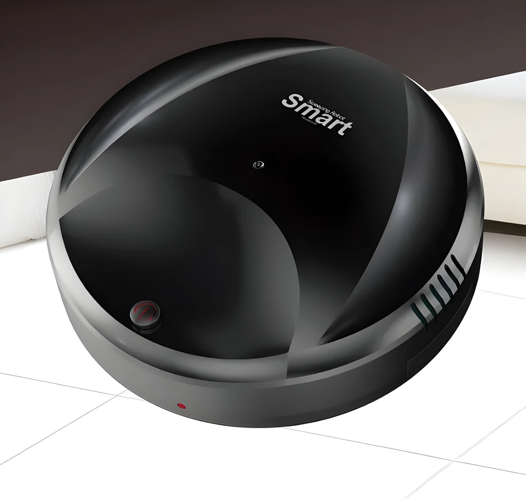Smart vacuum cleaner charging version in black on a wooden floor with automatic obstacle sensing