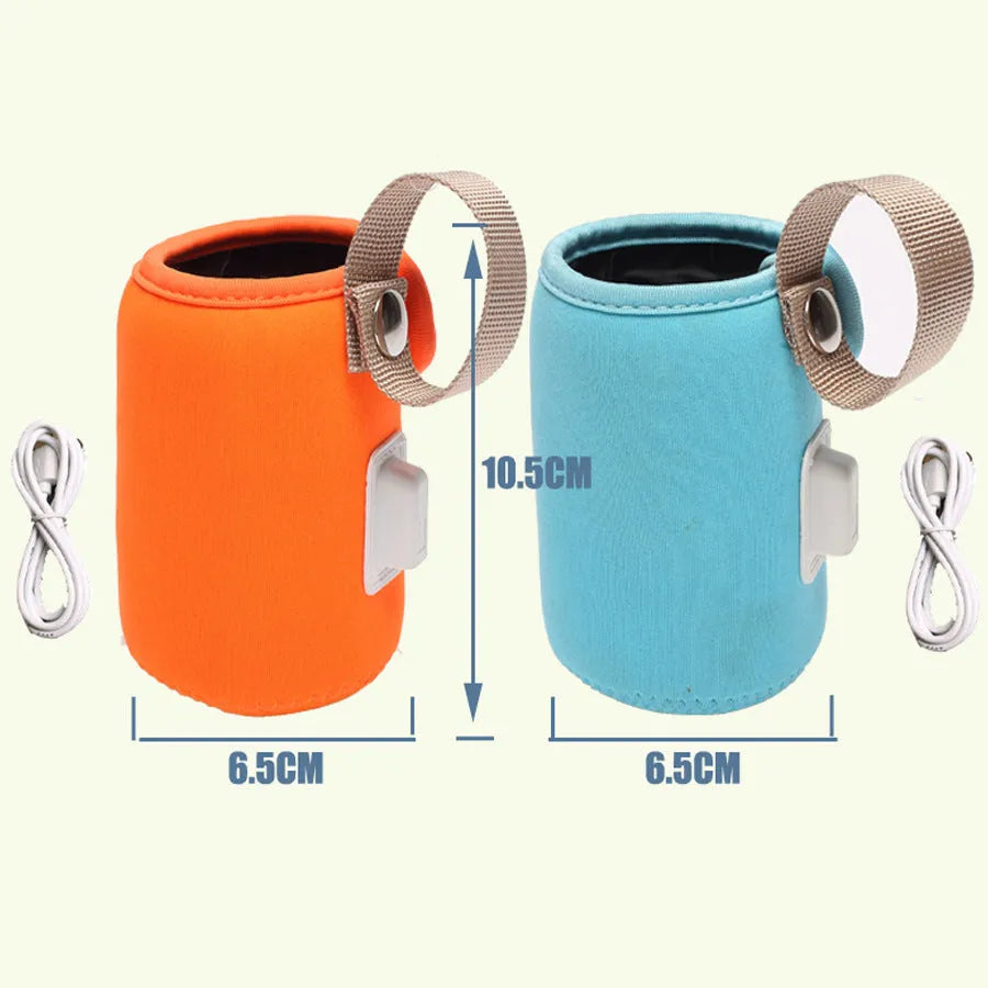 Long blue insulated cotton USB baby bottle warmer wrapped around a feeding bottle.