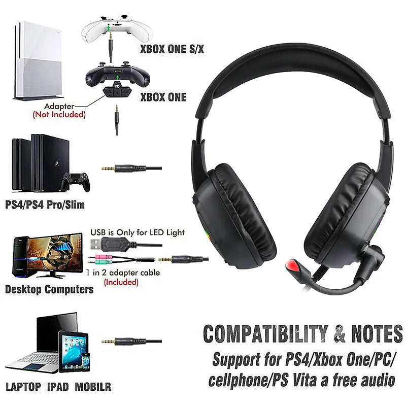 Black wired gaming headset with RGB lighting and built-in microphone showing 3.5mm plug connection