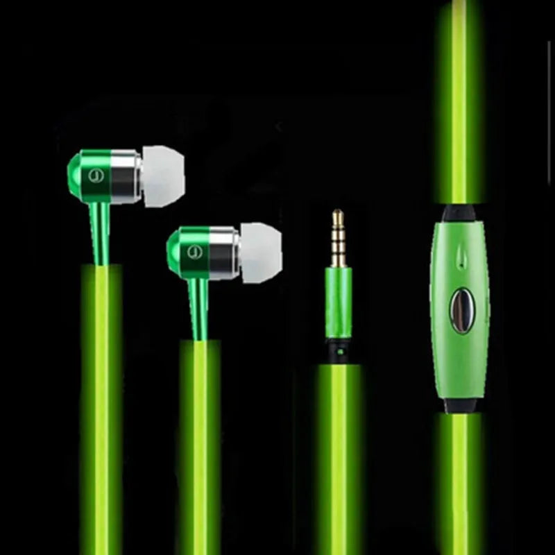 Blue LED light up earphones with 3.5mm plug and remote control, showing aluminium alloy ear shells.