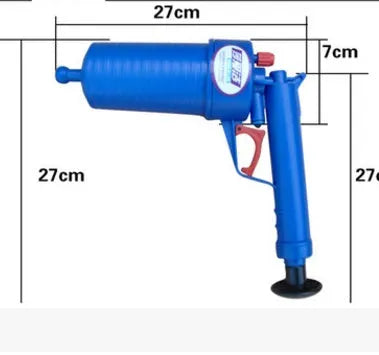 Plastic high-pressure drain blaster gun with four different-sized sucker adaptors for unblocking sinks and toilets.