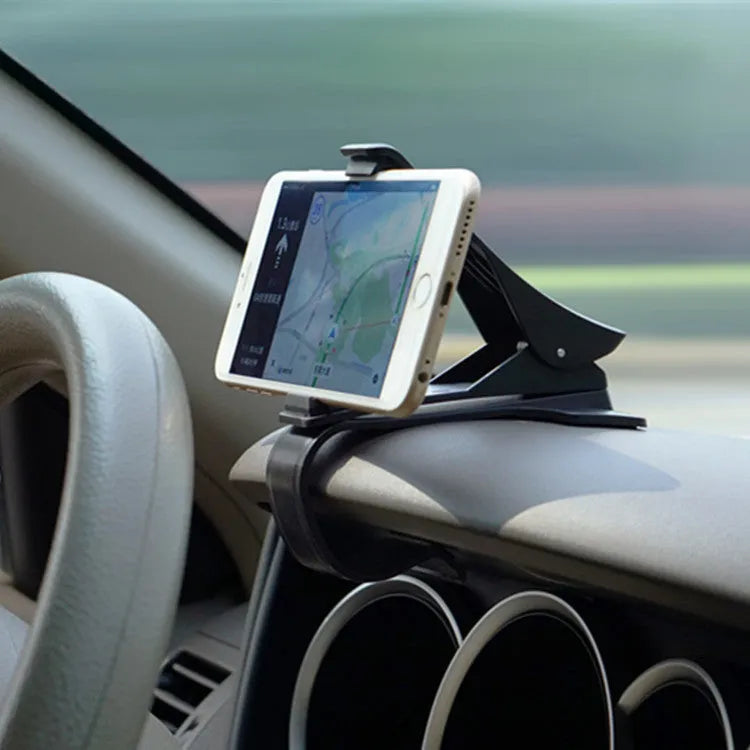 Rotary dashboard car phone holder in black with non-slip silicone clip for smartphones up to 6.5 inches