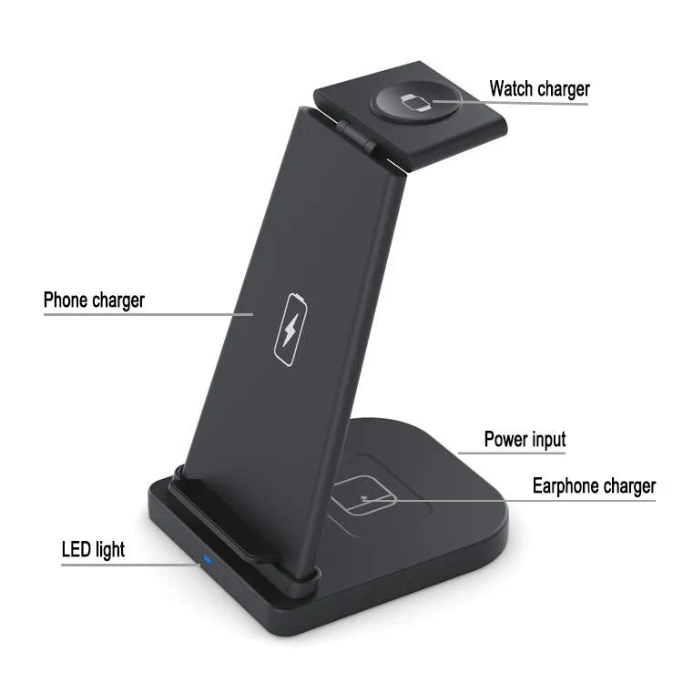 Foldable three-in-one wireless charger for mobile phone, headphones, and smartwatch in black or white