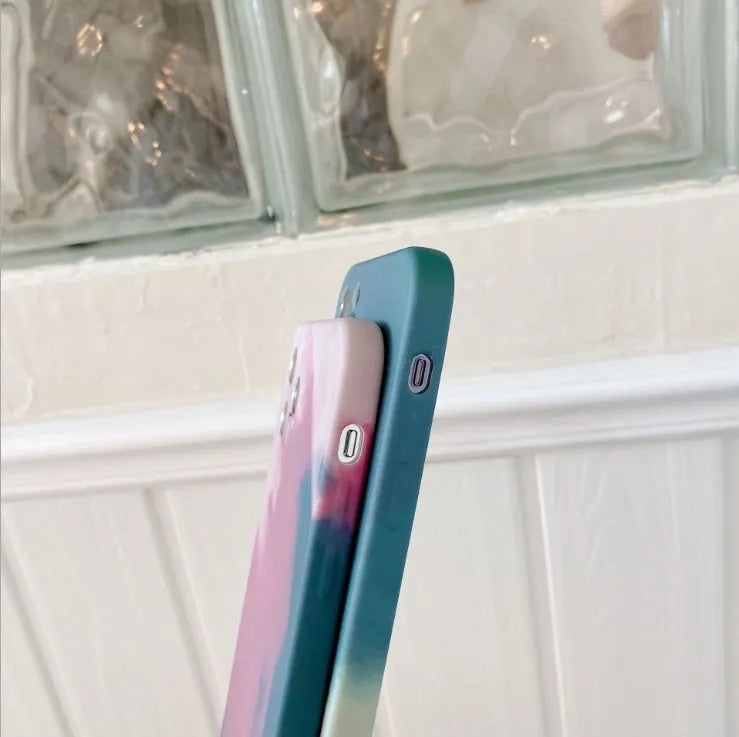 Soft silicone phone case with abstract oil painting gradient geometry pattern in blue, green, pink, or purple colours