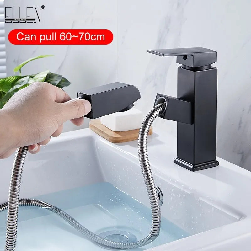 Square pull faucet in brushed brass with electroplated gold finish for hot and cold water control
