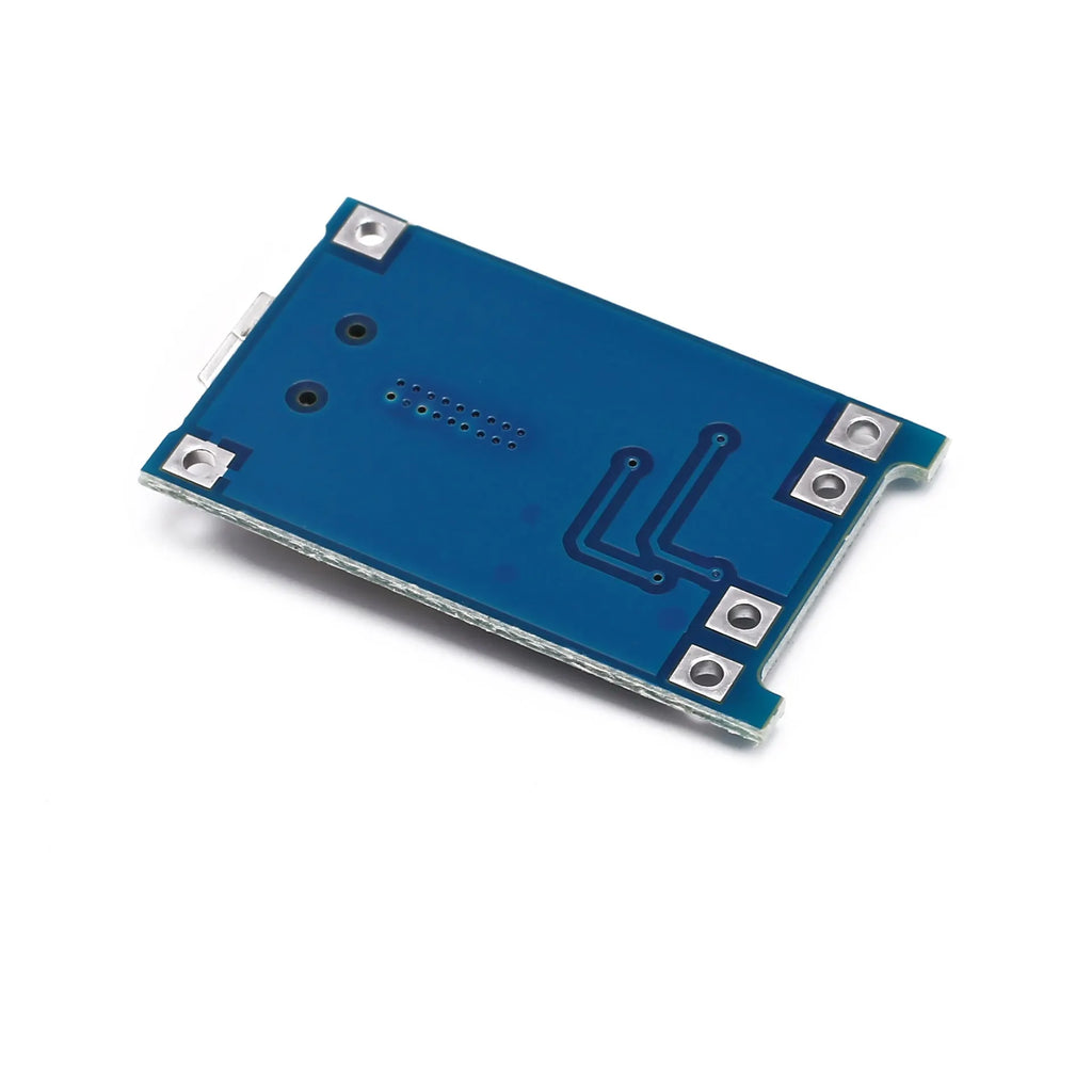Small blue lithium battery charging and protection circuit board with solder pads, measuring 2.6 by 1.7 centimetres.
