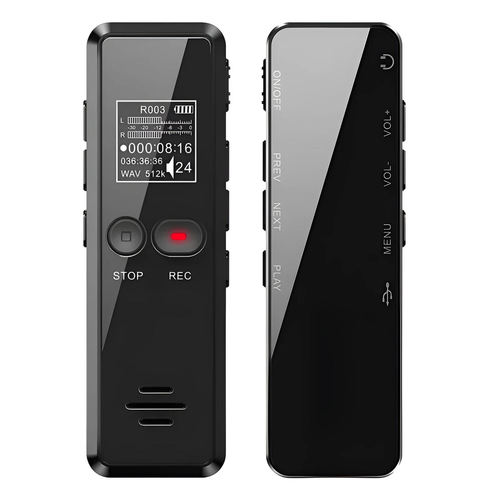Black zinc alloy USB voice recorder and MP3 player showing LCD screen and compact size.