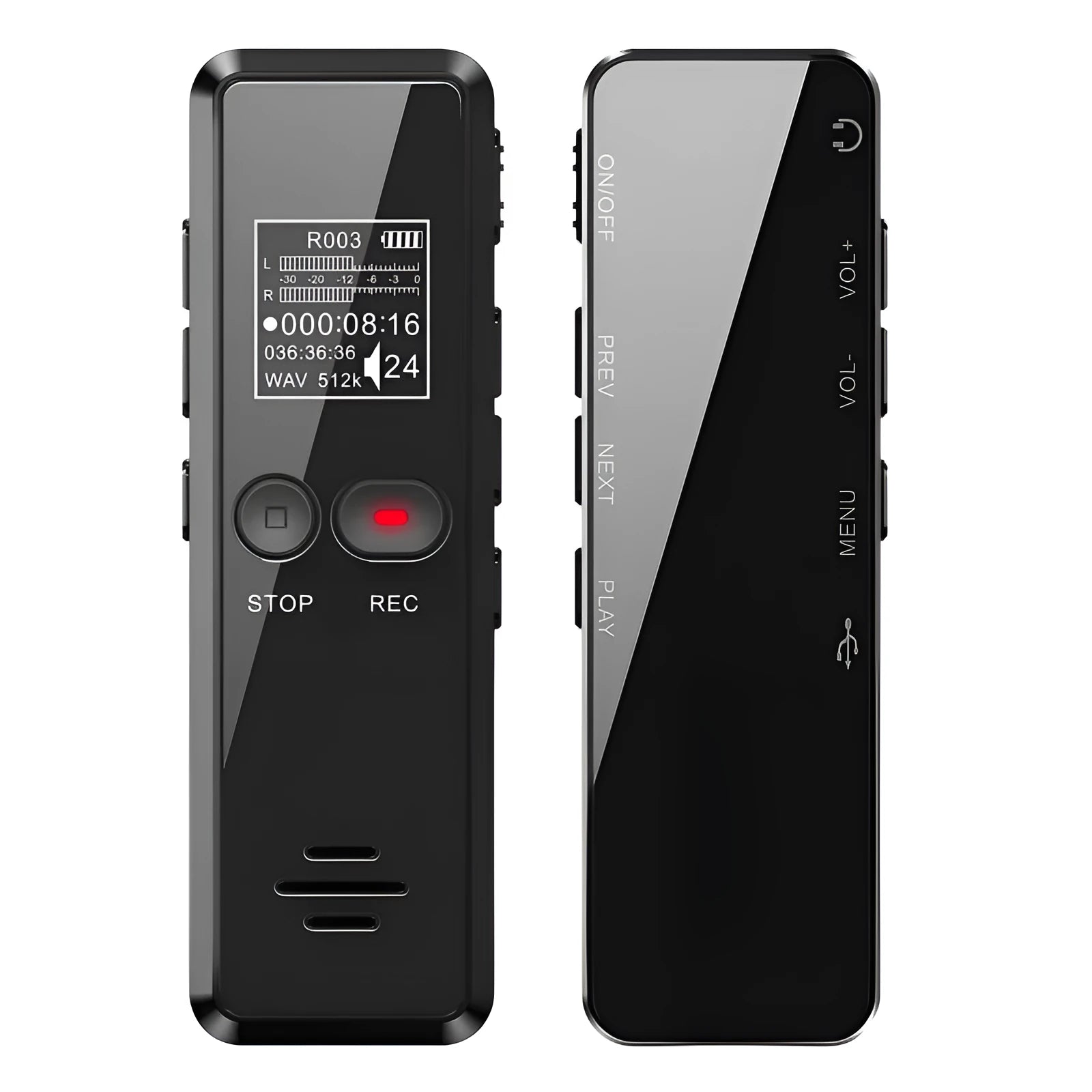 Black zinc alloy USB voice recorder and MP3 player showing LCD screen and compact size.