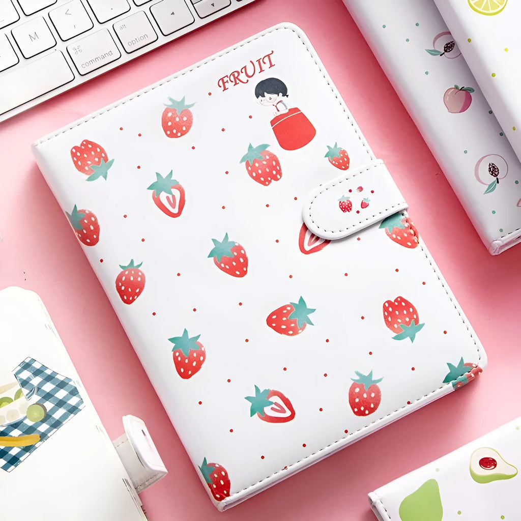 A6 fruit print notebook planner with magnetic buckle and colourful illustration of a lemon on imitation leather cover