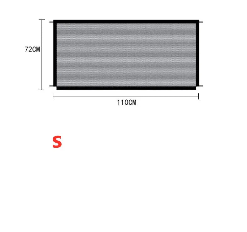 Foldable black cloth pet protection fence placed in a doorway, 110x72 cm size, for holding a small dog