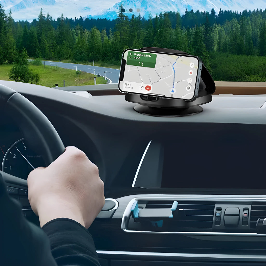 Black rotating suction cup car phone holder attached to a car windscreen