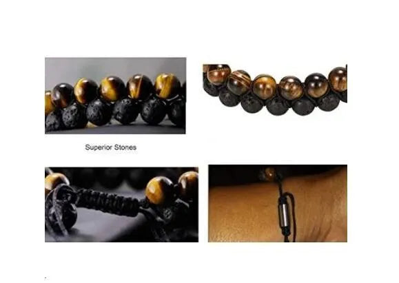 Tiger's Eye and Lava Stone bracelet on wrist, golden yellow tiger's eye and black lava beads