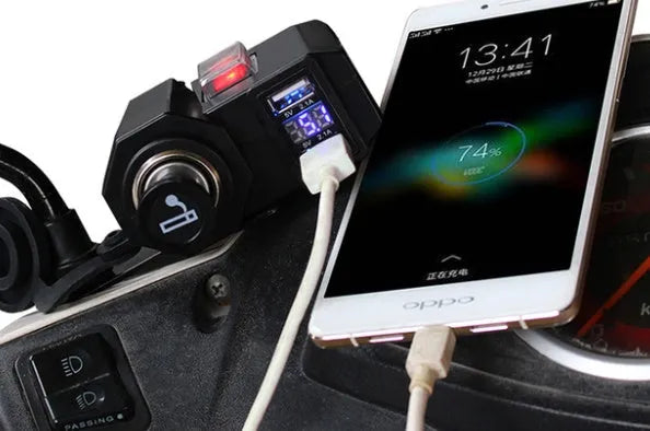 Motorcycle USB waterproof car charger with dual ports voltmeter and cigarette lighter black