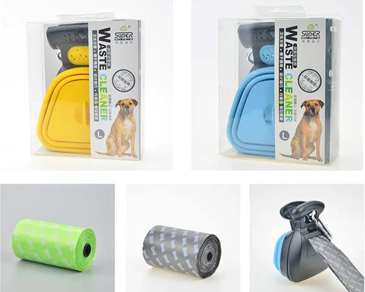 Foldable dog pooper scooper with one-handed grip and biodegradable bag roll in blue