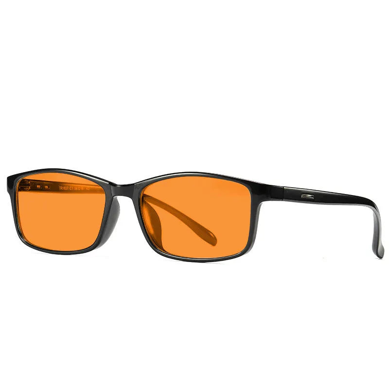 Orange lens anti-blue light glasses in a full rim frame, shown in one of four available colour options.
