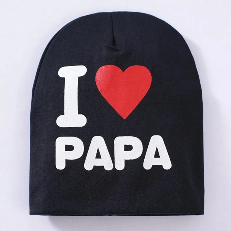 Cotton Lycra baby hat with love mama papa patterns in black grey white colours