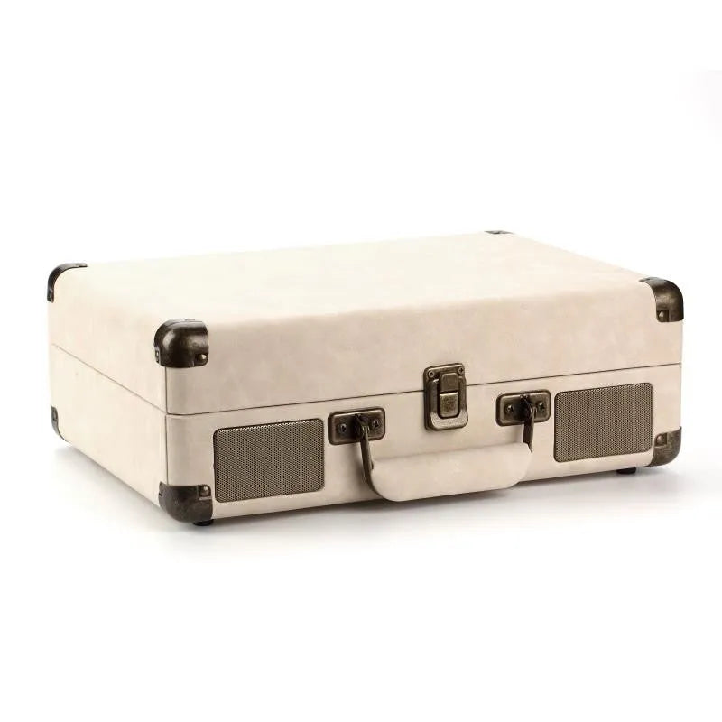 Portable Bluetooth phonograph turntable in a leather case, showing colour options.