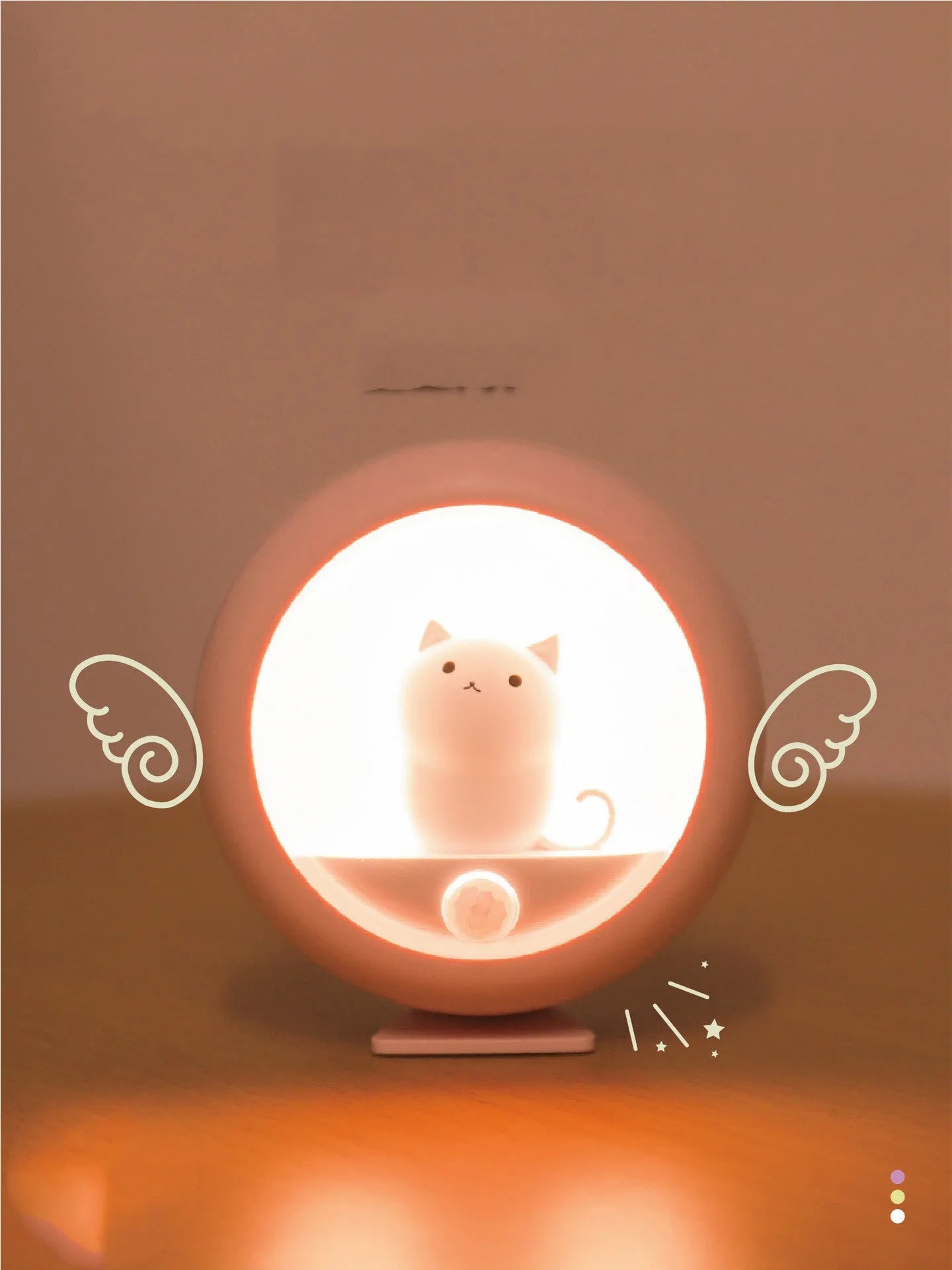 Baby bedside sleep lamp with projection feature showing orange, white and pink colour options
