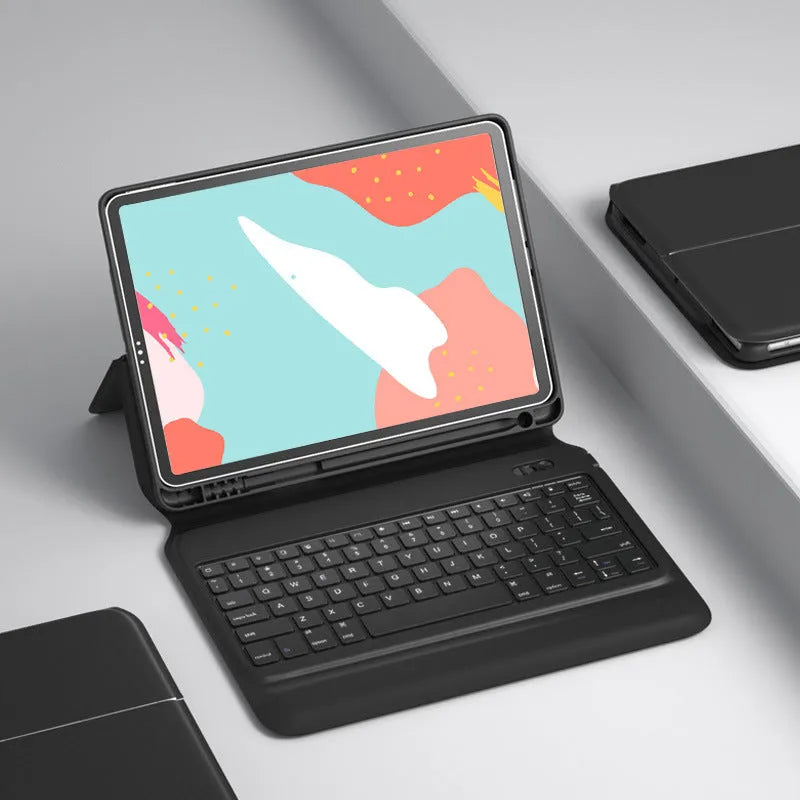 Black ultra-thin wireless Bluetooth keyboard leather case for iPad in flip-style design