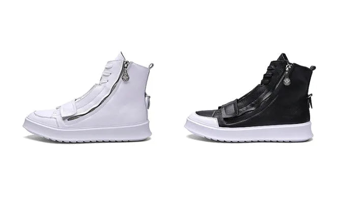 Men's black and white PU leather high-top ankle boots for winter, showing sneaker-style design.