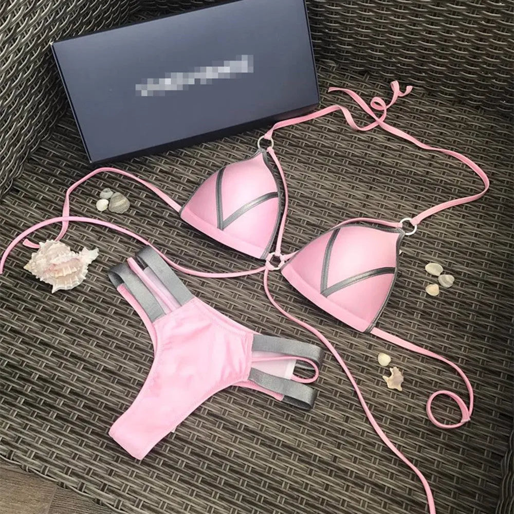 Women's padded bikini swimsuit in nylon available in multiple colours and prints.